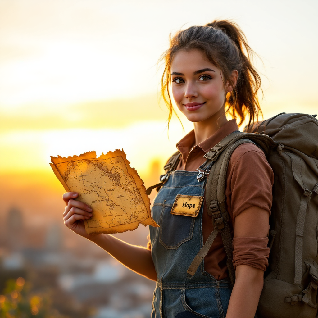 A young woman stands against a sunset, holding an old map. Dressed in a backpack and overalls, she embodies the spirit of adventure, reflecting the quote, I didn't want to be a hobo, I wanted to save the world.