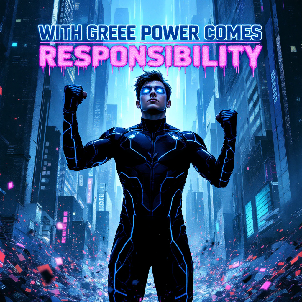 A futuristic figure in a sleek black suit stands confidently in a high-tech cityscape, with bold text above reading, With great power comes responsibility.