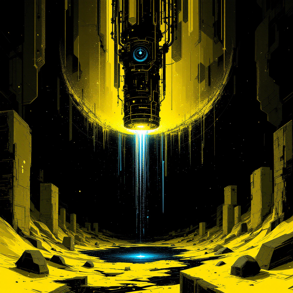 A glowing, high-tech borehole descends into a deep, sterile underground chamber, symbolizing the cross-dimensional pipeline linking Earth 1 to Earth 2985b for clean energy disposal.