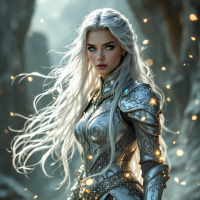 A fierce warrior with long, flowing silver hair and ornate armor stands in a mystical landscape, embodying the prophecy of the one with the power to vanquish the Dark Lord.