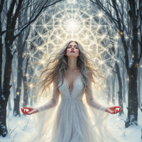 A woman in a flowing white gown stands in a snowy forest, arms raised, surrounded by a radiant glow and intricate patterns of light, embodying the quote about finding inner warmth in winter.