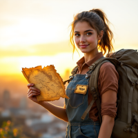 A young woman stands against a sunset, holding an old map. Dressed in a backpack and overalls, she embodies the spirit of adventure, reflecting the quote, I didn't want to be a hobo, I wanted to save the world.