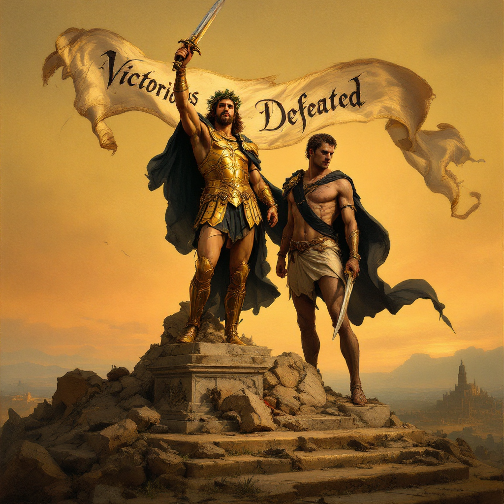 A triumphant warrior stands proudly with a sword atop a pedestal, while a defeated figure looks on, under a banner reading Victorious and Defeated, embodying strategic conflict.