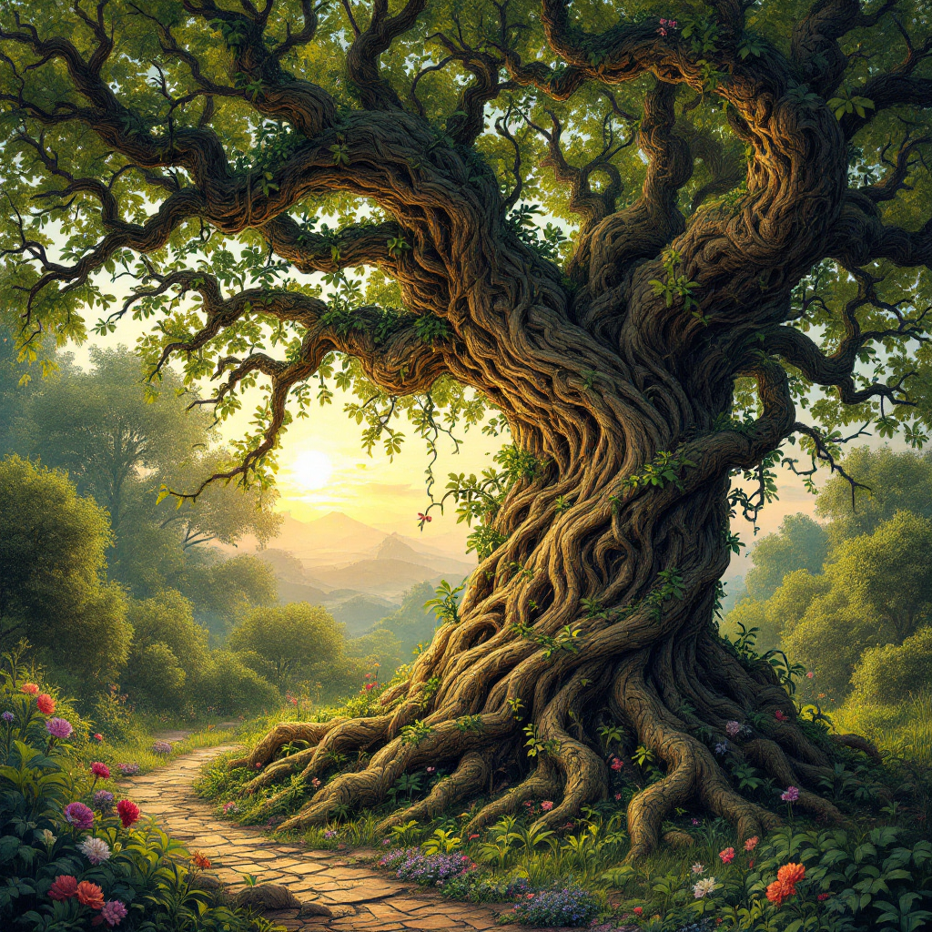 A majestic, gnarled tree with thick roots and lush green foliage stands against a golden sunset, surrounded by vibrant flowers and winding paths, embodying the complexity of evolution.