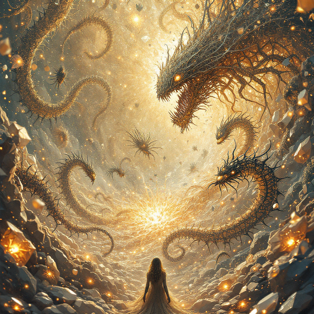 A figure stands amid swirling, crystalline soldiers of various shapes, including serpentine and arachnoid forms, surrounded by an ethereal glow and fragmented light.