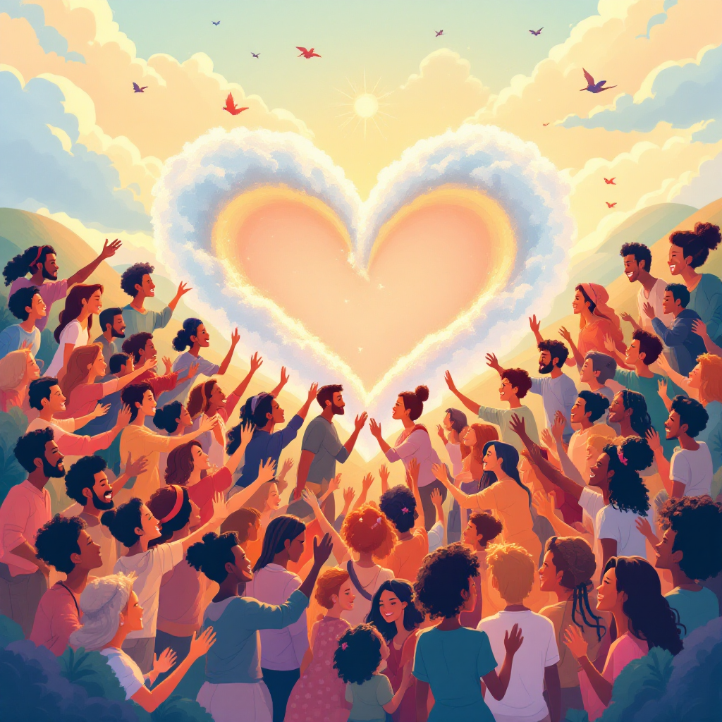 A vibrant scene of diverse people reaching toward a large heart shaped by clouds, symbolizing the sentiment that no one can live without love. The background features a warm, colorful sunset.