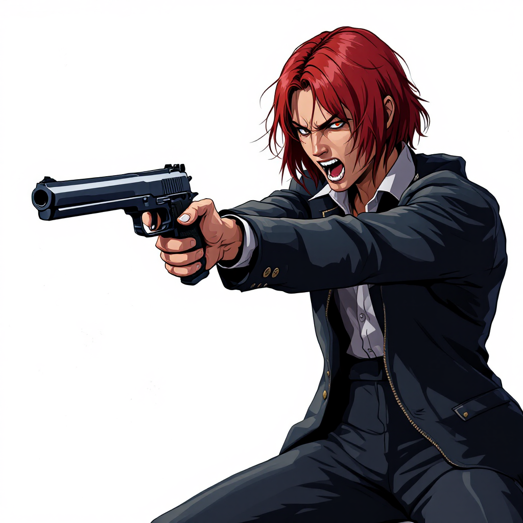 A fierce character with short red hair and a suit aims a gun, embodying the struggle against terrorism and the need to address its root causes.