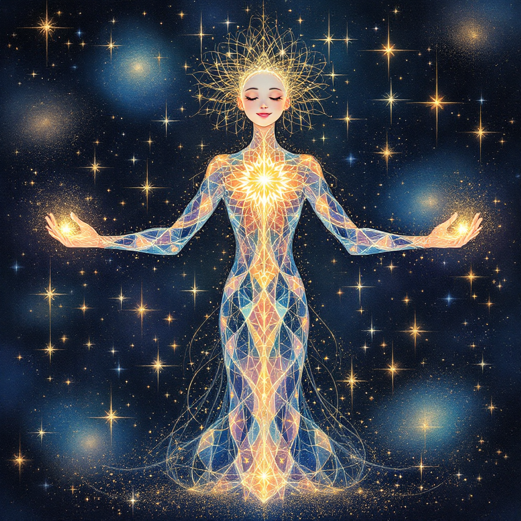 A luminous figure surrounded by stars radiates energy and light, embodying the essence of dreams and hope inspired by the quote, To the stars who listened—and the dreams that are answered.