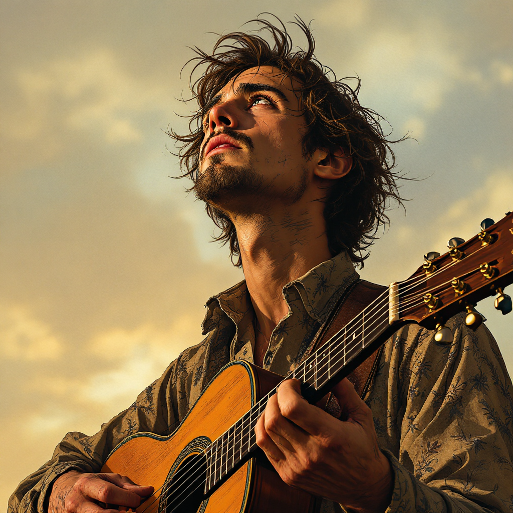 A young man with tousled hair gazes upward while holding an acoustic guitar, set against a backdrop of soft, golden clouds, embodying the magic of music.