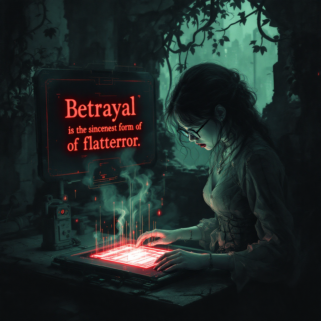 A figure with glasses examines a glowing red interface surrounded by greenery, echoing the quote about the bitterness of betrayal from those we trust.