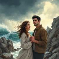 A couple stands on rocky shore, holding hands against a backdrop of turbulent waves and dark storm clouds, embodying the quote about friendship’s resilience through tough times.