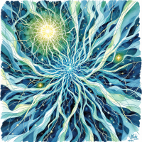 A vibrant, intricate web of blue and green lines radiates from a bright central light, symbolizing the complex, chaotic nature of scientific exploration and discovery.