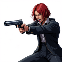 A fierce character with short red hair and a suit aims a gun, embodying the struggle against terrorism and the need to address its root causes.