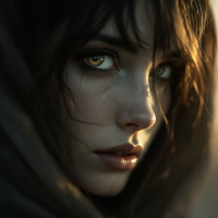 A close-up portrait of a woman with striking green eyes and tousled dark hair, wrapped in a soft, shadowy fabric, capturing a moment of introspective solitude amidst melancholy.