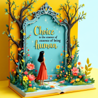 A whimsical, three-dimensional scene featuring a woman in a red dress standing in front of a vibrant, open book. The pages display the quote, Choice is the essence of being human, surrounded by flowers and trees.