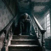 A solitary man sits hunched on worn stairs in a dim, decayed room, embodying the weight of fatigue that has silenced his anger and questions over time.