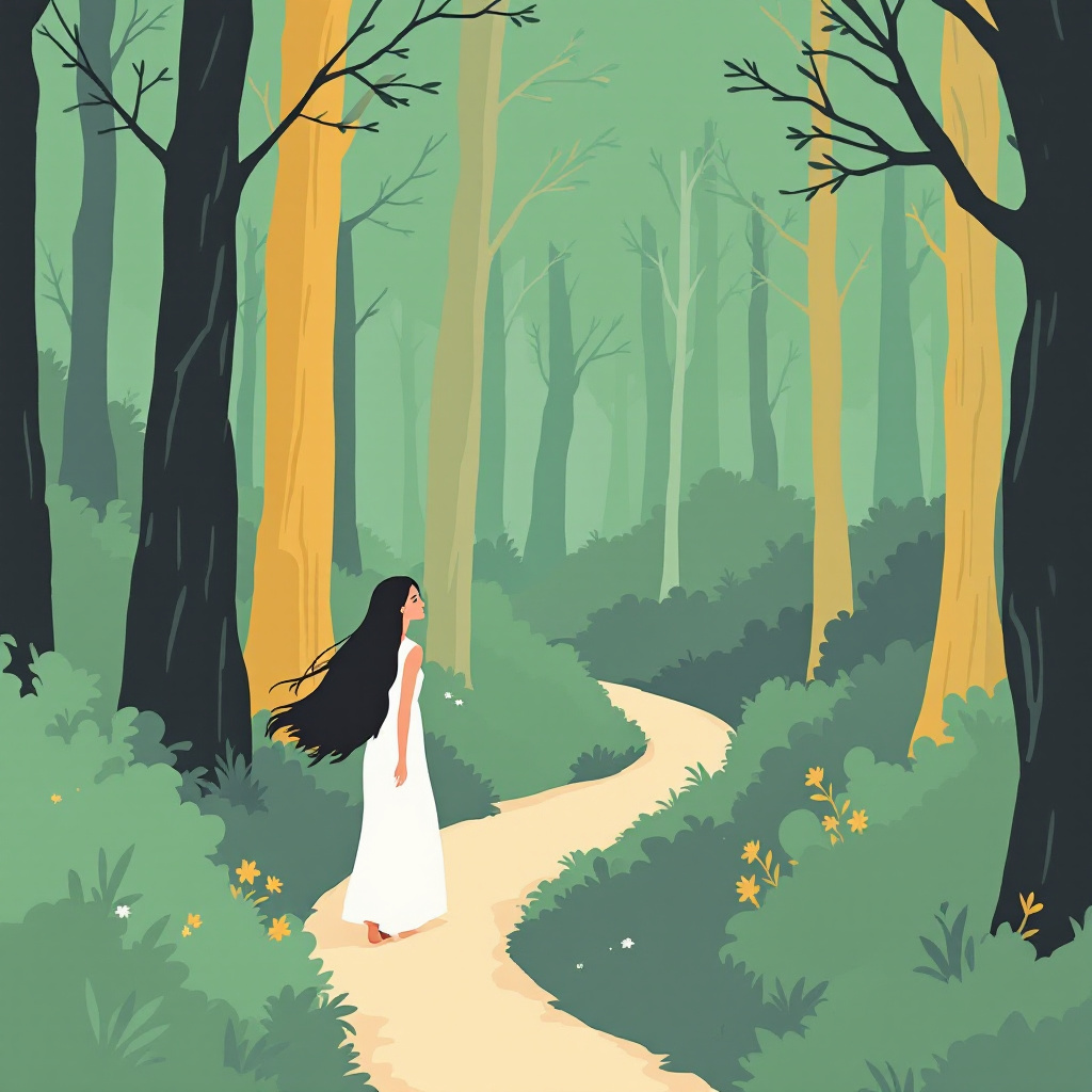 A woman in a flowing white dress walks along a winding path through a lush, green forest, embodying the essence of the quote, Not all those who wander are lost.