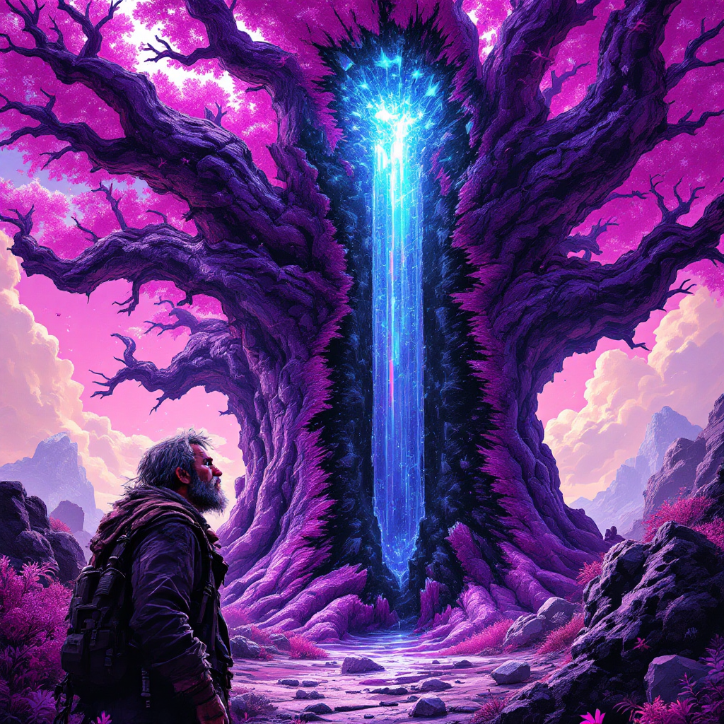 A majestic tree with twisted branches and a large opening reveals a glowing blue crystal interior, surrounded by vibrant pink foliage and rocky terrain, evoking a magical atmosphere.