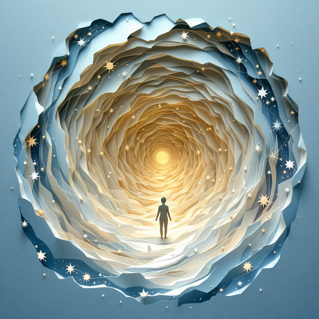 A solitary figure stands at the center of a swirling, layered tunnel of light and stars, symbolizing the journey of self-discovery and connection to the cosmos.