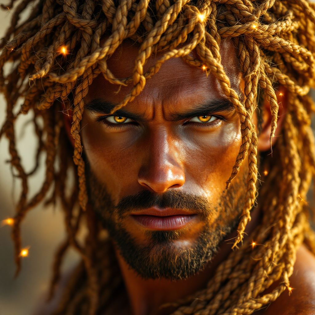 A striking man with bronze skin and a chiseled face gazes intently, his smoky topaz eyes captivating. His braided golden hair moves as if alive, evoking an ancient pharaoh's presence.