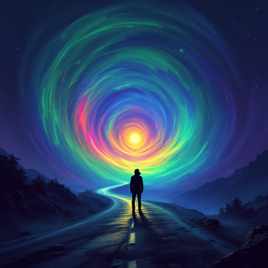 A person stands alone on a winding road under a vibrant swirling night sky, embodying the quote: Faithless is he that says farewell when the road darkens.