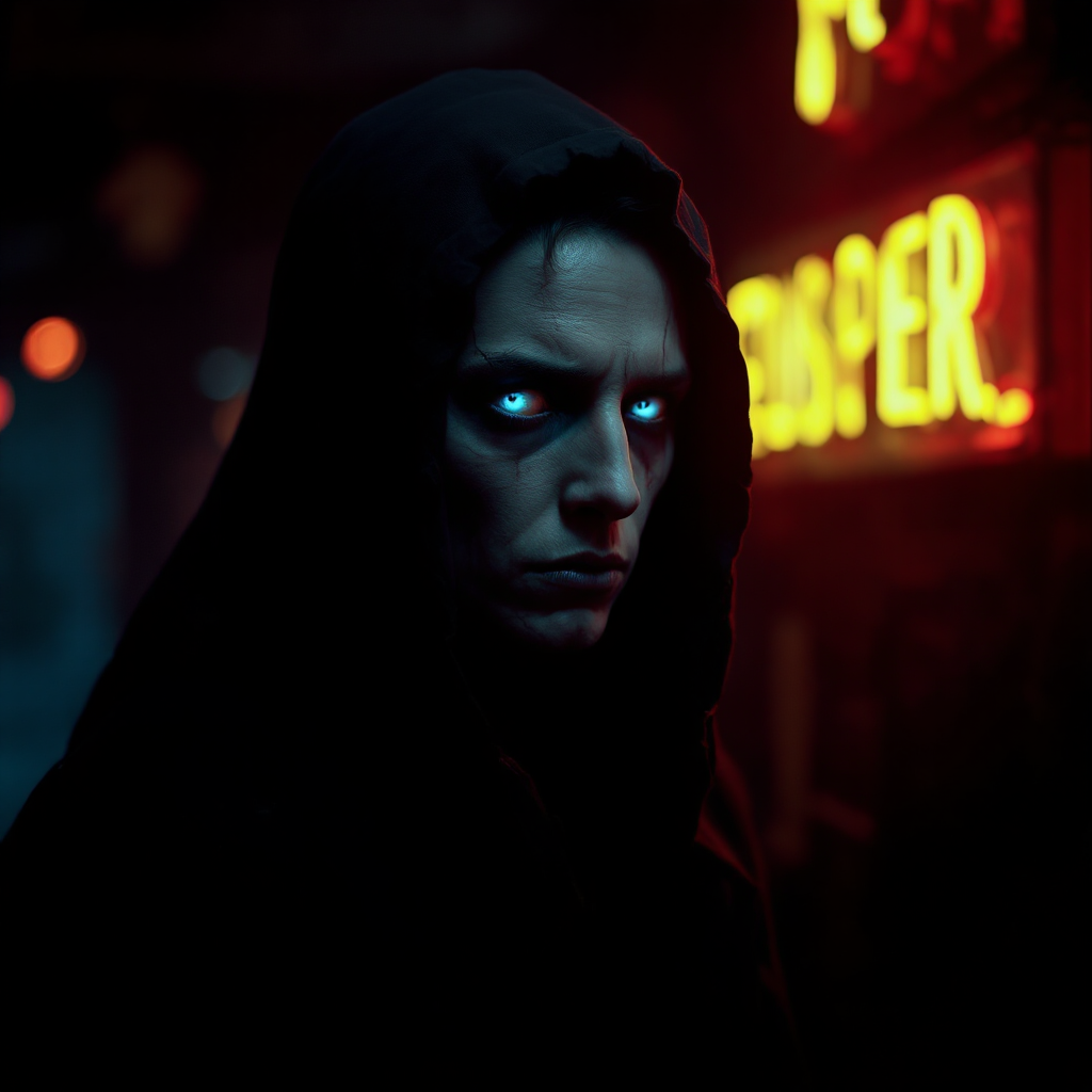 A hooded figure with glowing eyes stands in a dim alley, illuminated by neon signs. Their intense gaze conveys a sense of purpose and trust, echoing themes of guidance and destiny.