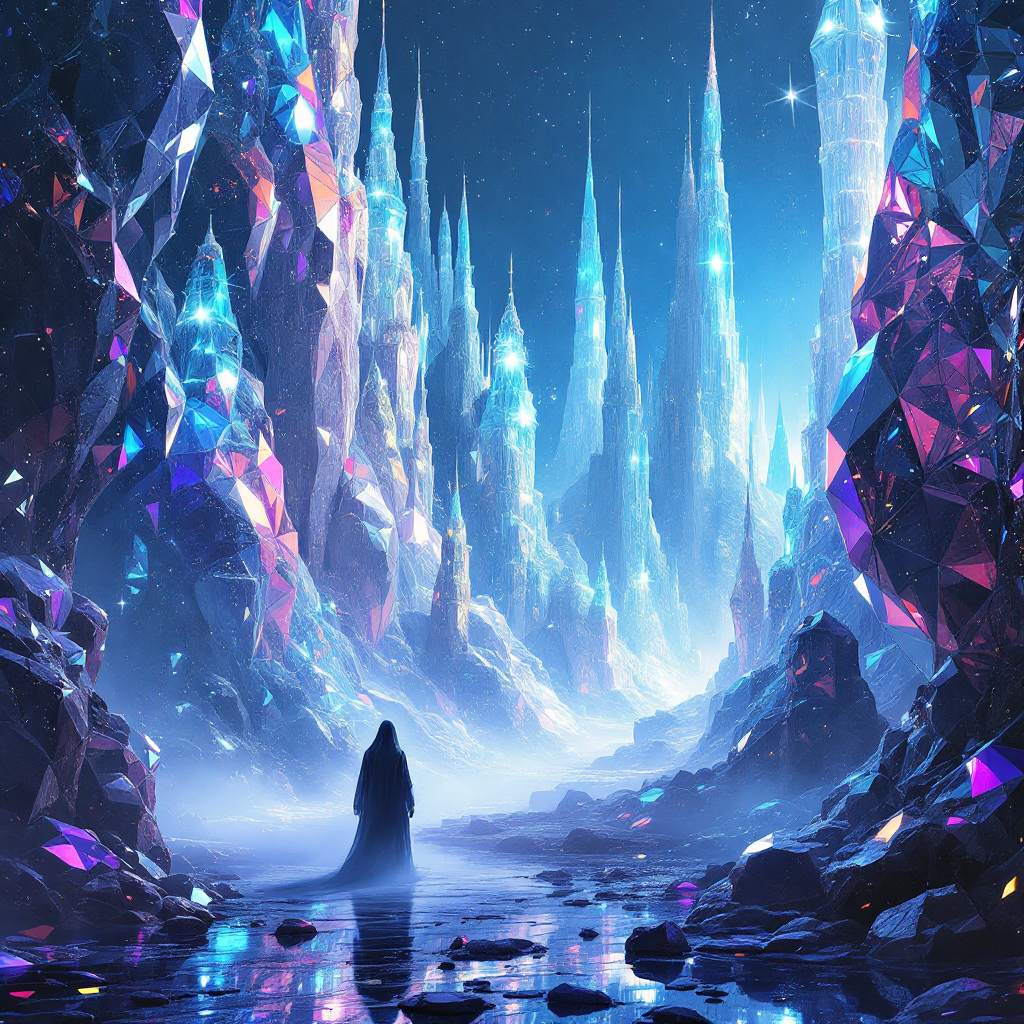 A mystical landscape of towering crystal spires glistening under a starry sky, enveloping a figure shrouded in darkness, evoking the complexity of shifting realities and elusive truths.