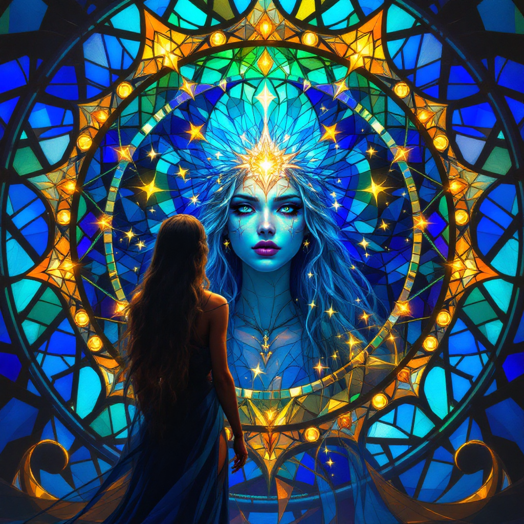 A figure stands before a vibrant stained glass mirror depicting a mystical woman with a radiant crown, embodying the reflection of creativity, courage, and inner desires.