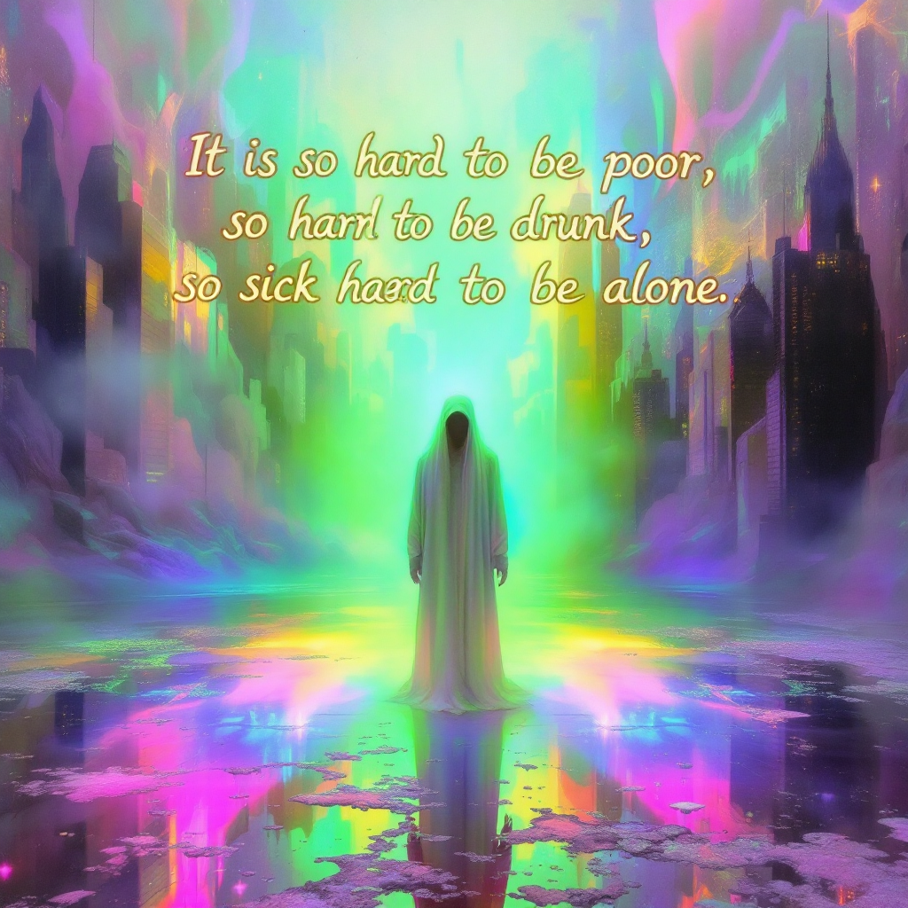 A mystical figure stands in a vibrant, ethereal landscape, surrounded by colorful light and towering structures. The quote reflects deep struggles of poverty, addiction, illness, and loneliness.