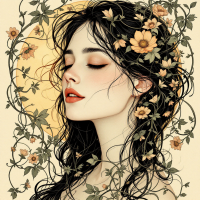 A serene woman with flowing dark hair adorned with flowers gazes thoughtfully, surrounded by intertwining vines, embodying the complexities of family and secrets.