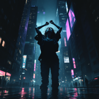 A figure stands alone in a neon-lit urban landscape, arms raised in a silent scream, embodying feelings of invisibility and desperation amidst the bustling city.