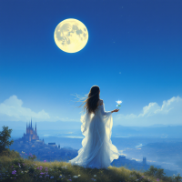 A woman in a flowing white dress stands on a hilltop under a bright full moon, holding a glowing flower, embodying the quote, It is never too late to be what you might have been.