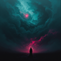 A shadowy figure stands against a dramatic sky swirling with dark clouds and glowing pink and blue light, echoing the theme: If God does not exist, everything is permitted.