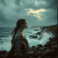 A contemplative figure stands on rocky shores, facing turbulent waves and dark clouds, embodying the essence of courage as resistance and mastery over fear.