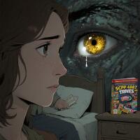 A glowing golden eye, representing SCP-4987, watches from the shadows as a woman stares ahead, a trivia book resting on the nightstand nearby.