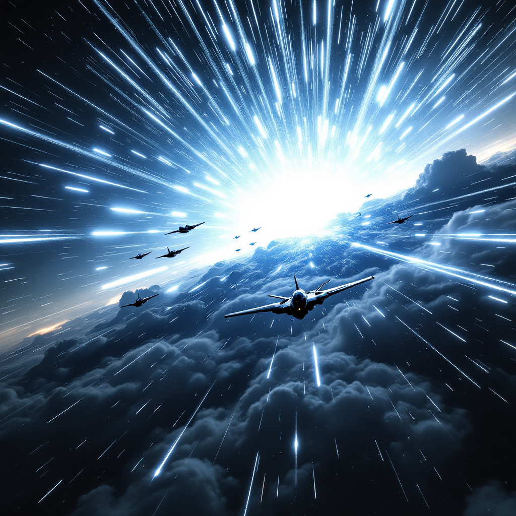 A fleet of sleek aircraft races through turbulent clouds, firing brilliant beams of energy toward a glowing force field, illuminating the sky in a dazzling display of light and power.