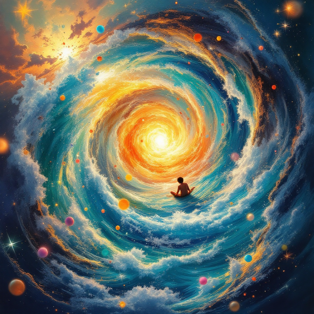 A swirling galaxy of vibrant colors surrounds a figure in a boat, symbolizing the idea that each moment in life is a unique universe, echoing the interconnectedness of existence.