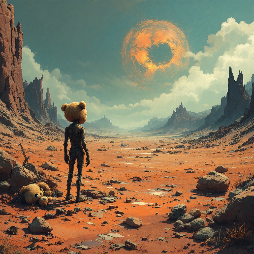 A figure with a teddy bear head stands in a desolate landscape, surrounded by rocky formations under a burning sky, capturing the essence of dreams dying in a wasteland.