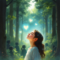 A girl stands in a sunlit forest, eyes closed and head tilted back, with glowing heart-shaped symbols floating around her, embodying the bittersweet gift of understanding others' feelings.