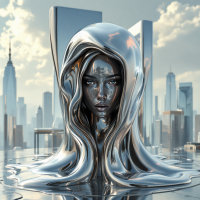 A mirrored figure with flowing metallic hair reflects a city skyline, symbolizing the idea that books reveal our inner selves, as quoted: Books are like mirrors.