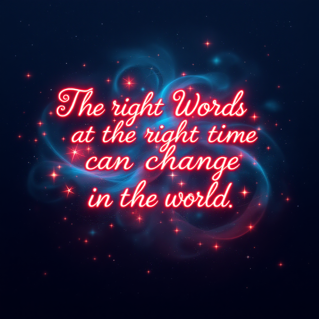 A glowing, stylized text reads, The right Words at the right time can change the world, surrounded by ethereal swirls and sparkles against a dark background.