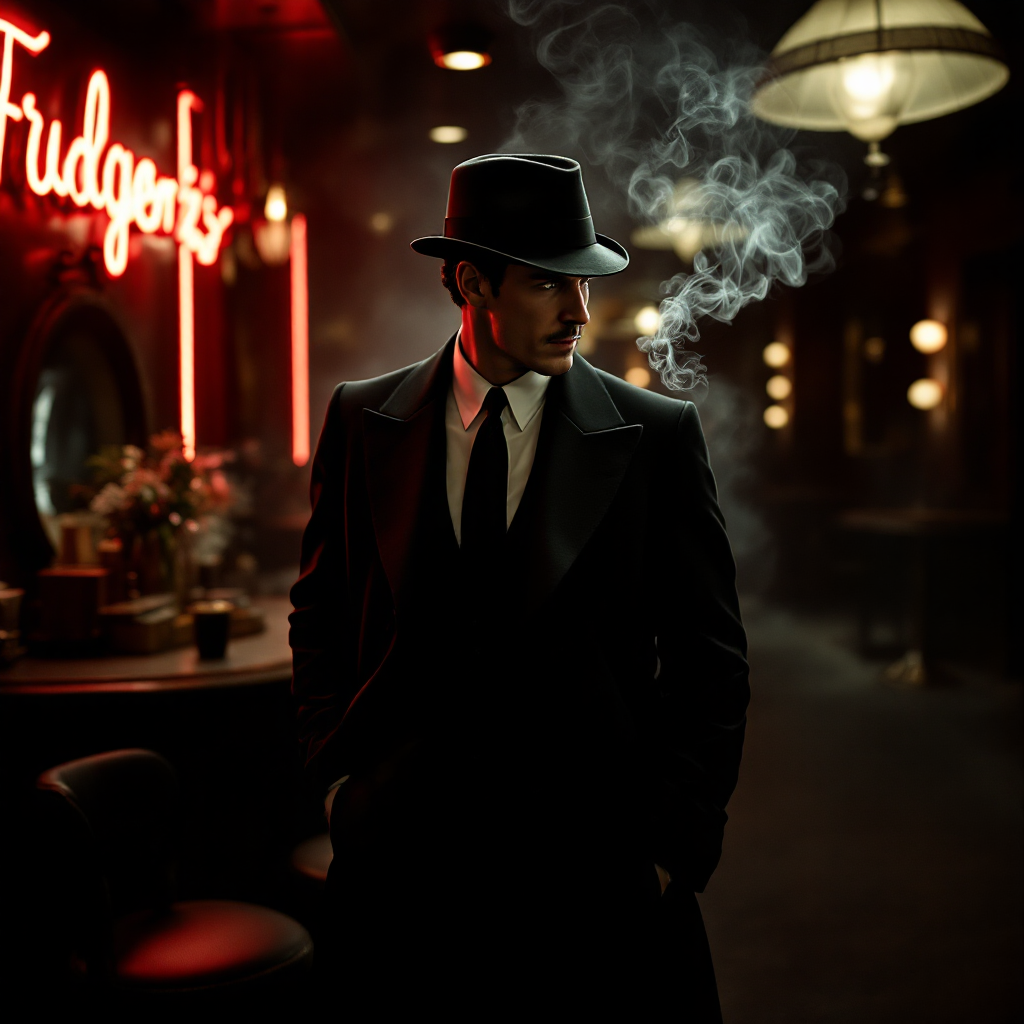 A sharply dressed man in a fedora stands in a dimly lit bar, smoke curling around him, embodying the art of persuasion and the subtle currents of conversation. Neon lights add a dramatic flair.