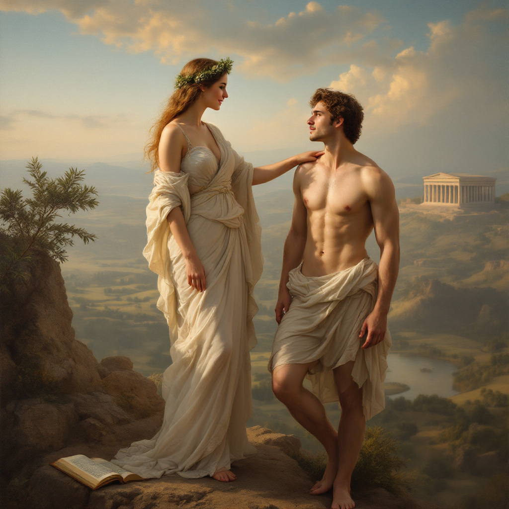 A serene scene depicts a woman in flowing white robes with a crown, gently touching a shirtless man, set against a lush landscape and classical architecture, embodying love as a catalyst for ambition.