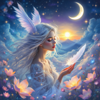 A serene woman with flowing hair and feathered wings gently holds a glowing feather, surrounded by soft clouds and blooming flowers under a twilight sky and crescent moon.