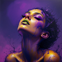 A woman with vibrant, purple-tinted skin tilts her head back, eyes closed, as colorful paint drips around her, embodying the intoxicating yet terrifying nature of love.