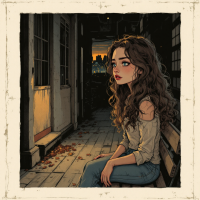 A young woman with long, curly hair sits in a dimly lit, rustic corridor, gazing thoughtfully into the distance, embodying the quote about love for humanity versus individuals.