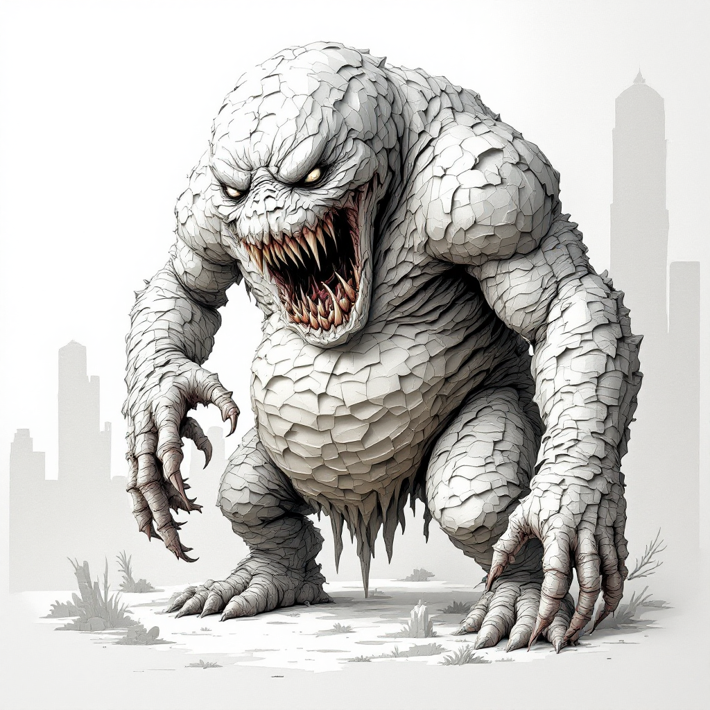 A large, grotesque creature with a shapeless body and sharp teeth stands amidst a city backdrop, embodying the quote's description of the Bolbod as ugly and imposing.