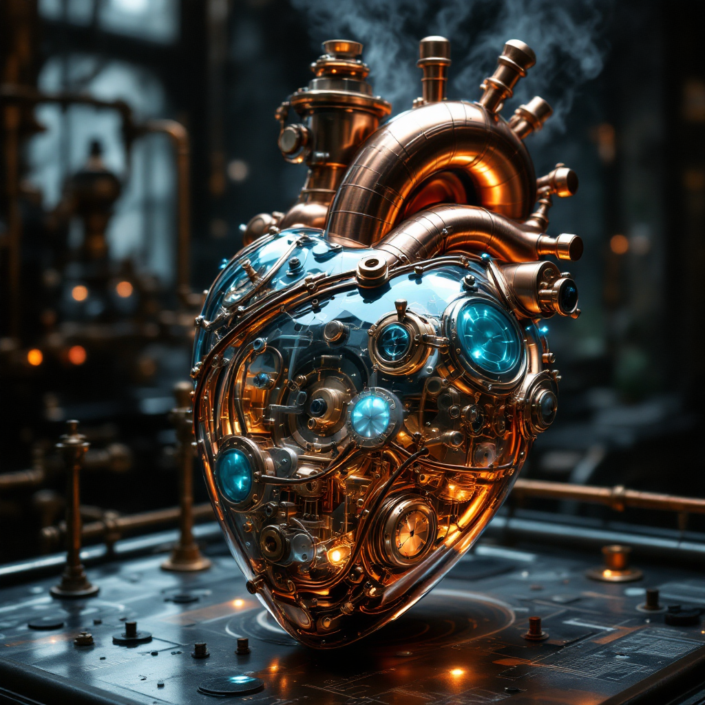 A surreal metallic heart, intricately designed with pipes and glowing blue elements, symbolizes the uncharted territory of human emotions in a scientifically engineered world.