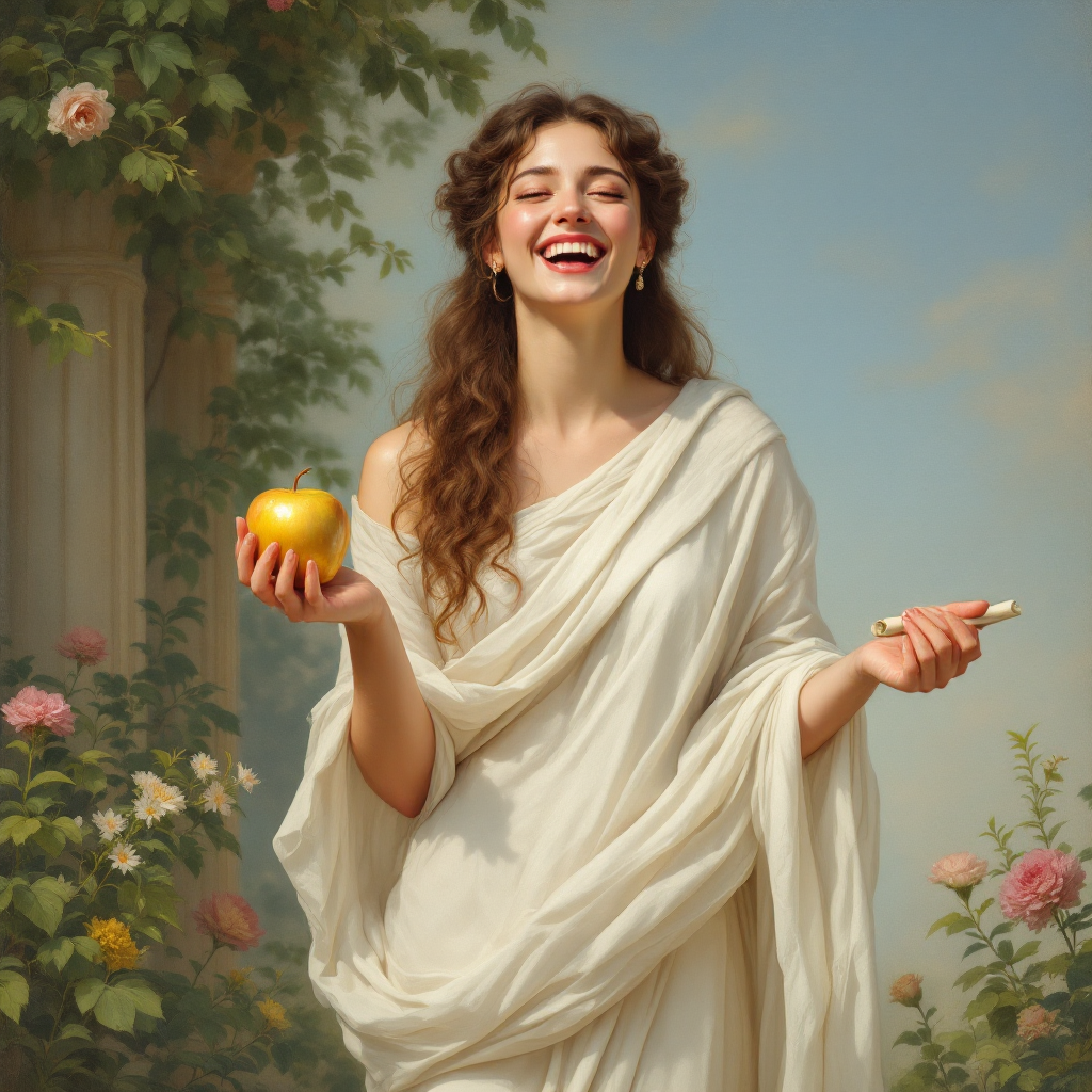 A joyful woman in a flowing white garment holds an apple and a pen, surrounded by blooming roses and greenery, embodying the essence of laughter as the best medicine.