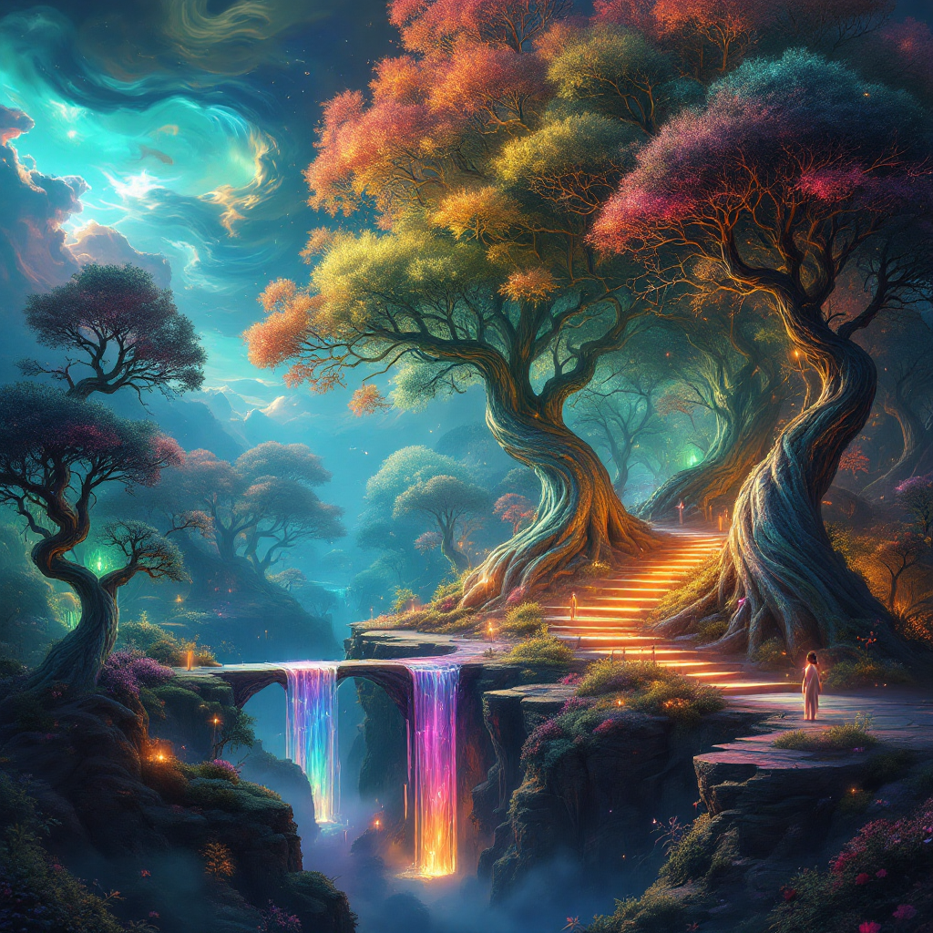 A vibrant fantasy landscape features colorful waterfalls and fantastical trees, capturing the essence of Terabithia as a realm where the impossible becomes real.